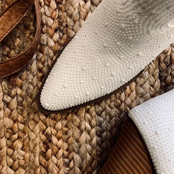 NEW🔥Ivory Faux Pearl Embellished Cowboy Cowgirl Western Heel Ankle Booties Boot - Picture 10 of 12